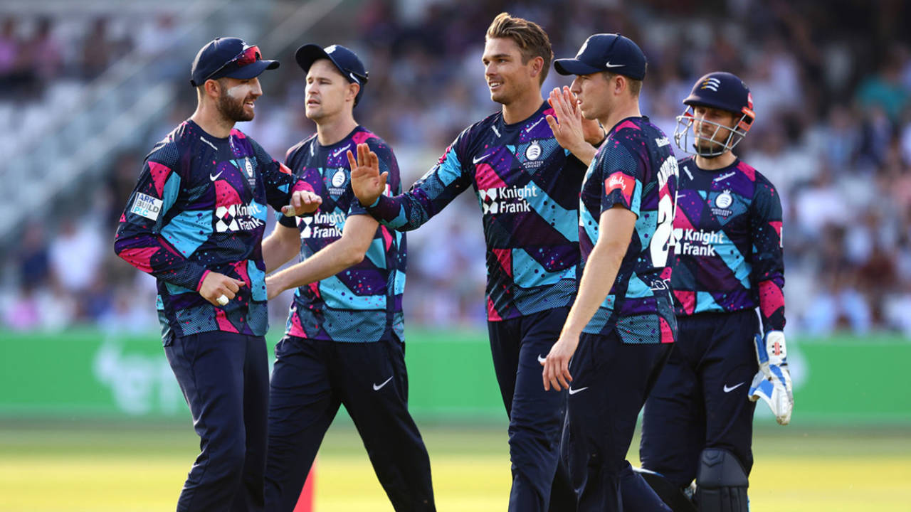 Chris Green celebrates a wicket with team-mates, Vitality T20 Blast, South Group, Middlesex vs Essex, Lord's, June 23, 2022