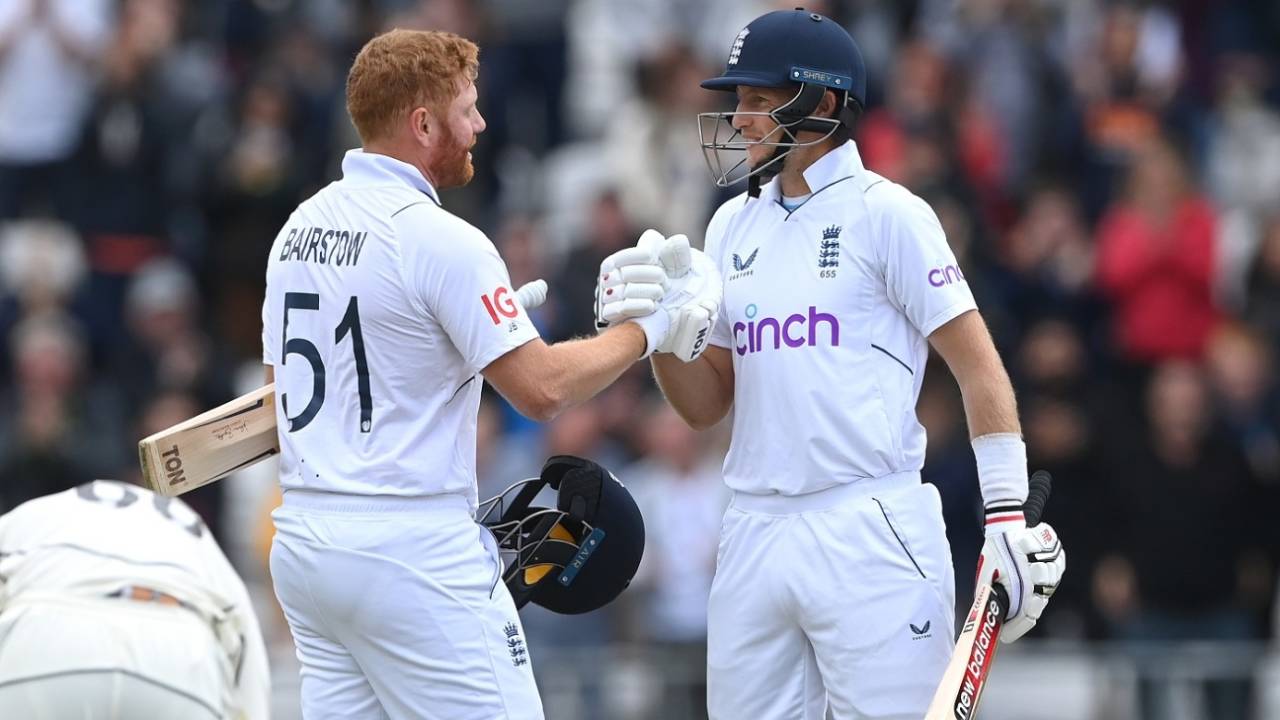 Jonny Bairstow and Joe Root celebrate after England completed a 3-0 clean sweep, England vs New Zealand, 3rd Test, Headingley, 5th day, June 27, 2022