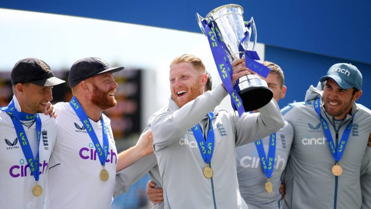Ben Stokes raises the series trophy after England's 3-0 series win, England vs New Zealand, 3rd Test, Headingley, 5th day, June 27, 2022