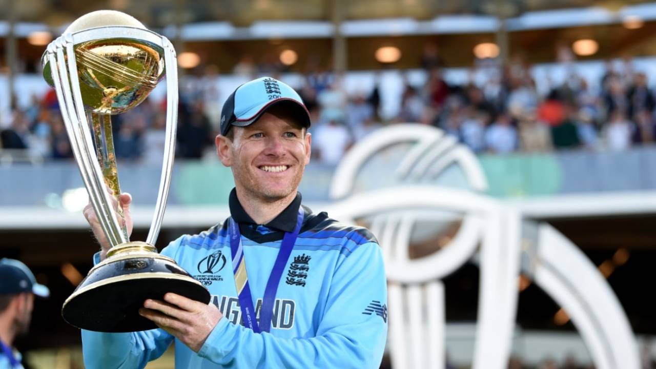 Eoin Morgan poses with the World Cup trophy after England's 2019 victory&nbsp;&nbsp;&bull;&nbsp;&nbsp;Getty Images
