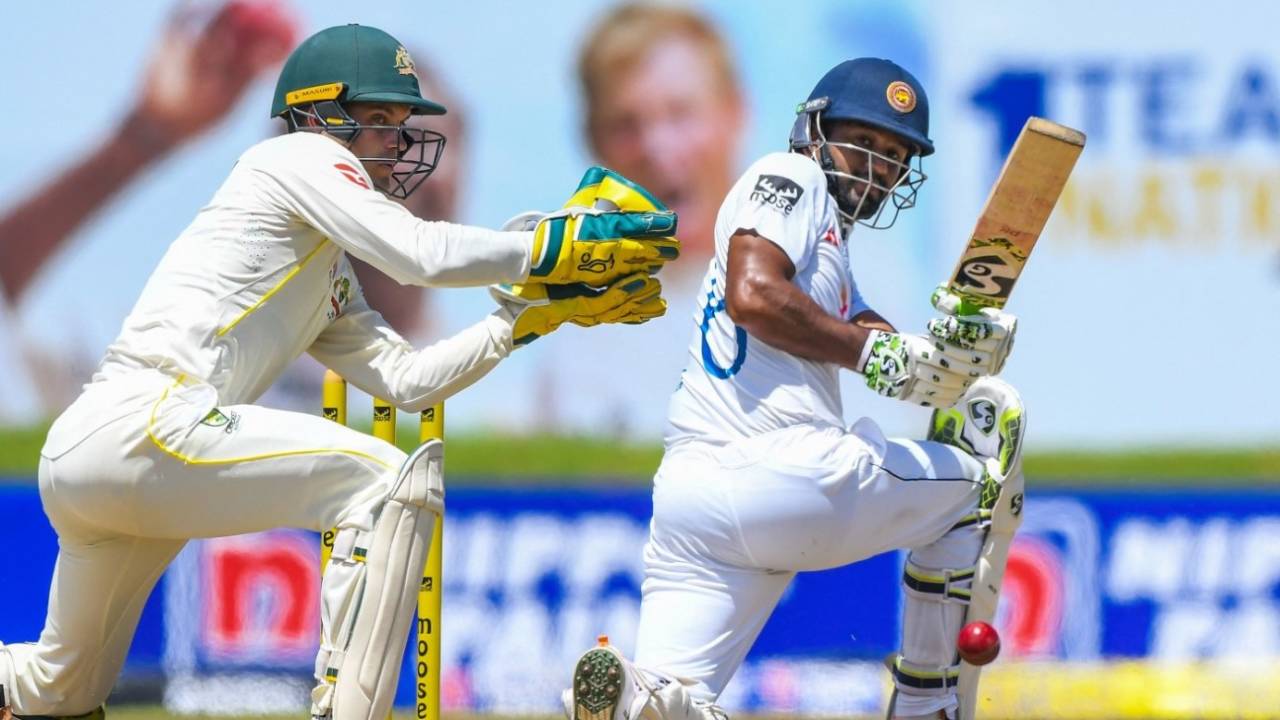Dimuth Karunaratne sweeps on the opening morning, Sri Lanka vs Australia, 1st Test, Day 1, Galle, June 29, 2022 