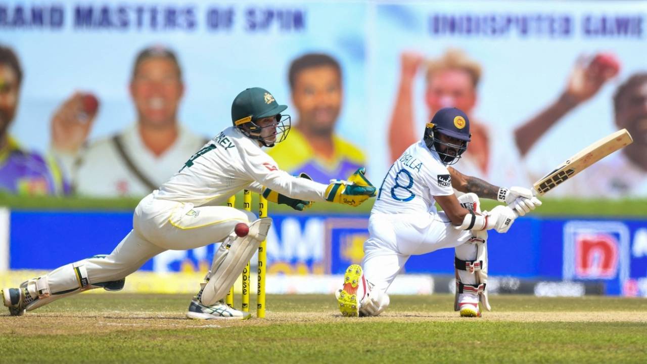 Niroshan Dickwella brought out the sweep shot a number of times during his knock, Sri Lanka vs Australia, 1st Test, Day 1, Galle, June 29, 2022 