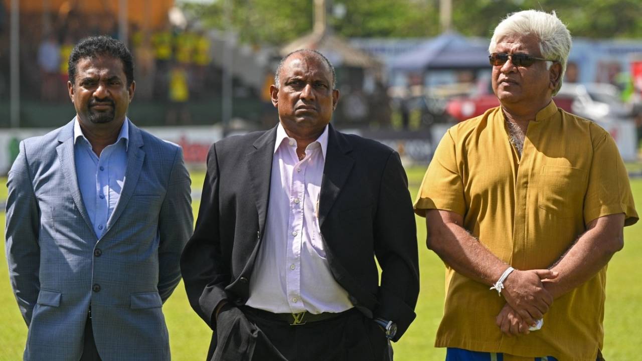 Muthiah Muralidaran, Arjuna Ranatunga and Aravinda de Silva in attendance on the opening day, Sri Lanka vs Australia, 1st Test, Day 1, Galle, June 29, 2022 