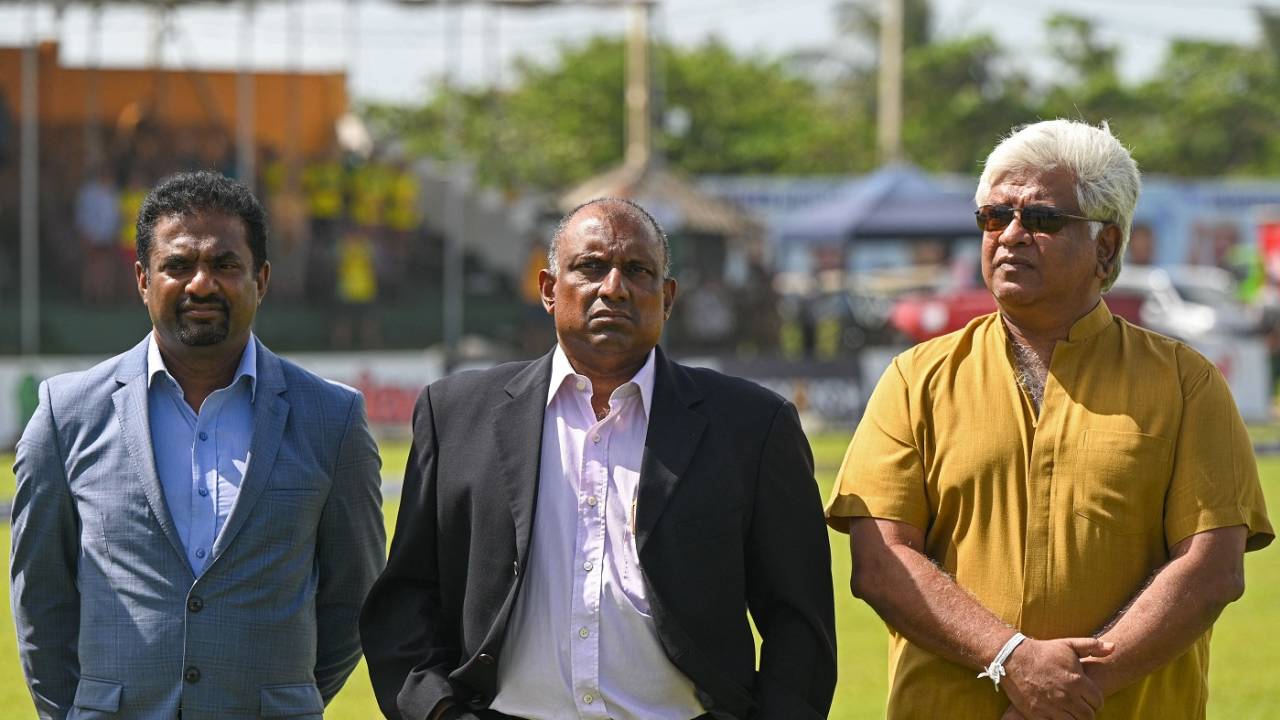 Muthiah Muralidaran, Arjuna Ranatunga and Aravinda de Silva in attendance on the opening day, Sri Lanka vs Australia, 1st Test, Day 1, Galle, June 29, 2022 