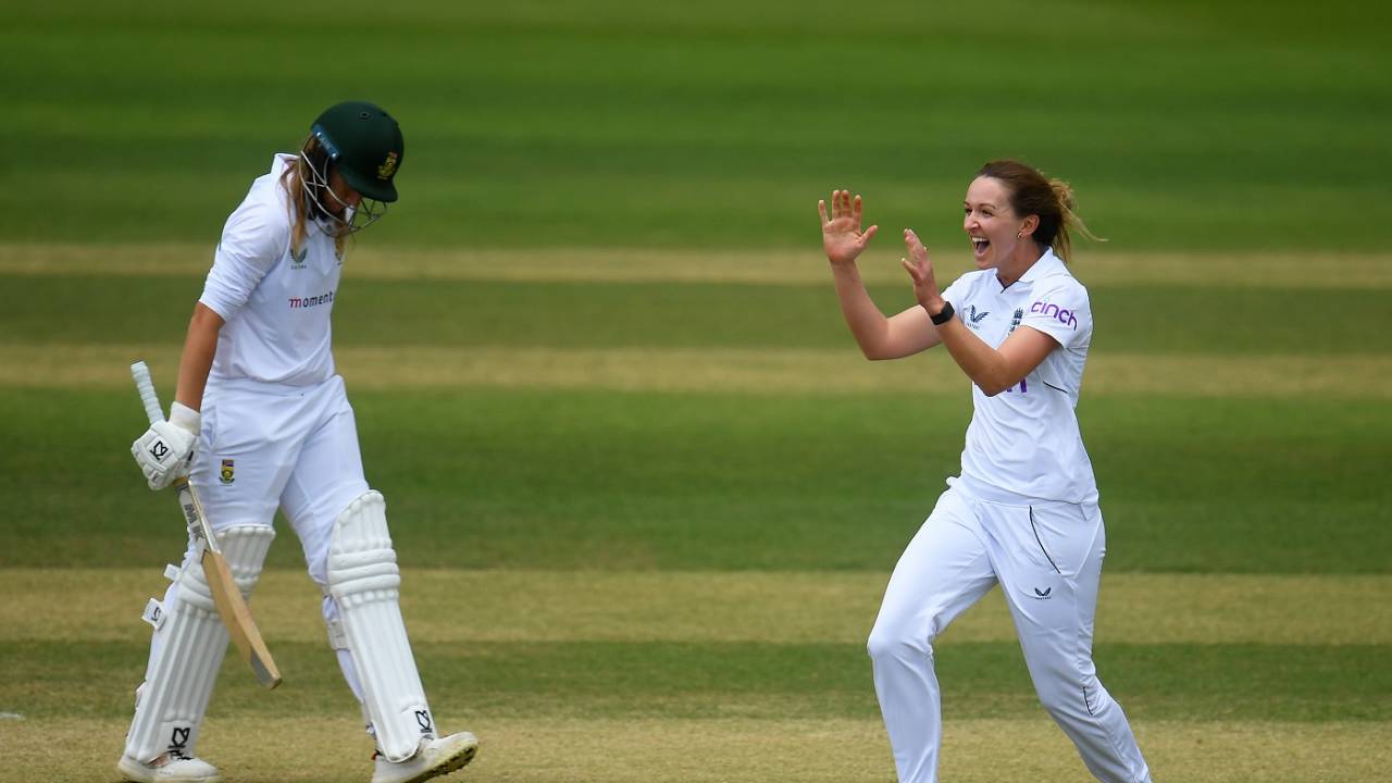 Kate Cross is ecstatic after dismissing Andrie Steyn second time in the Test