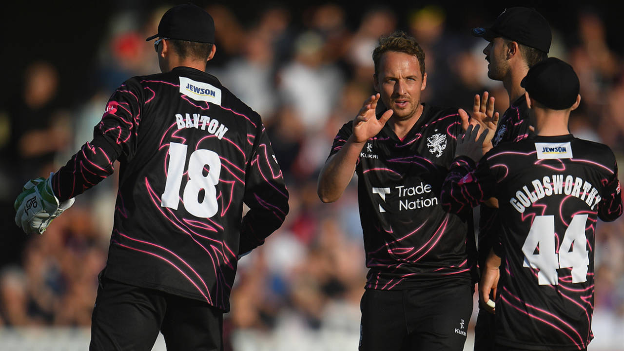 Josh Davey celebrates a wicket, Somerset vs Sussex, Vitality Blast, Taunton, June 1, 2022
