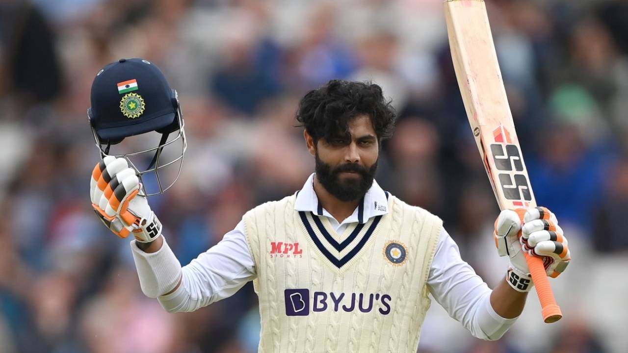 Ravindra Jadeja raises his helmet and bat after scoring his third Test century, England vs India, 5th Test, Birmingham, 2nd day, July 2, 2022