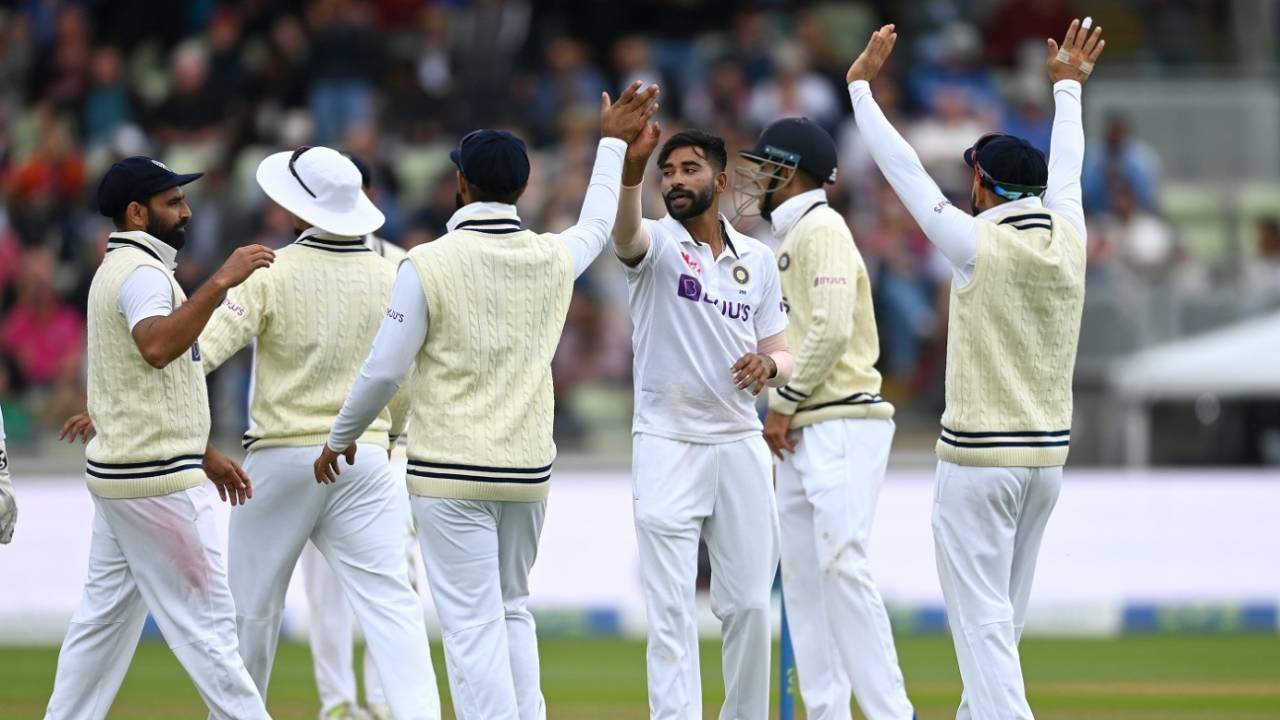 Mohammed Siraj celebrates the dismissal of Stuart Broad, England vs India, 5th Test, Birmingham, 3rd Day, July 3, 2022
