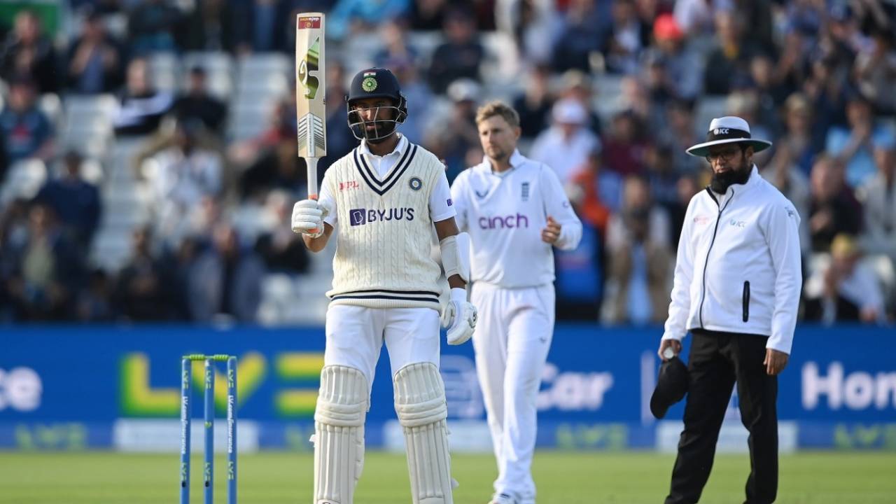 Cheteshwar Pujara raises his bat after reaching fifty, England vs India, 5th Test, Birmingham, 3rd Day, July 3, 2022
