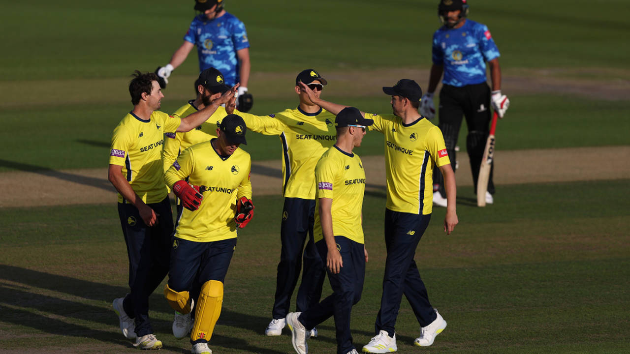 James Fuller is congratulated after dismissing Ravi Bopara, Vitality T20 Blast, Sussex vs Hampshire, Hove, July 03, 2022