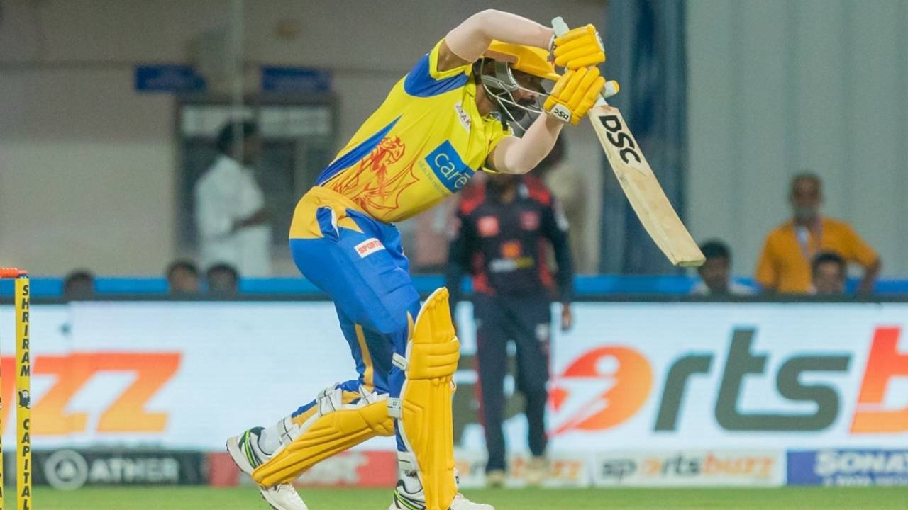 K Vishal Vaidhya in action for Dindigul Dragons, Dindigul Dragons vs IDream Tiruppur Tamizhans, TNPL 2022, Dindigul, July 4, 2022