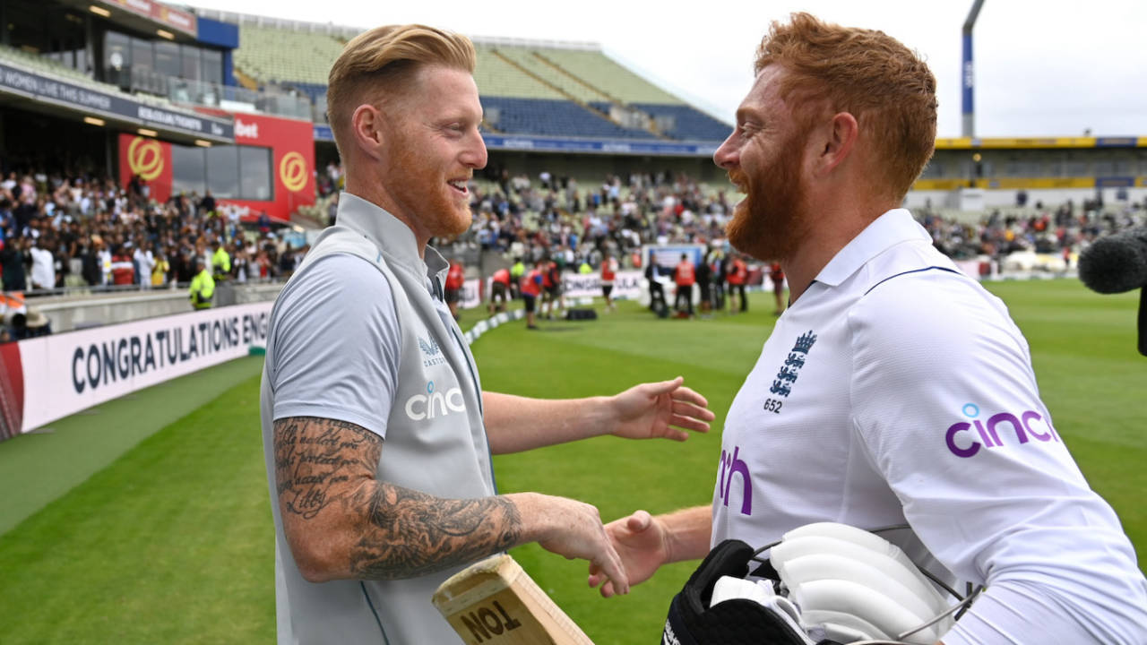 Ben Stokes greets Jonny Bairstow with a big smile after England's win, England vs India, 5th Test, Birmingham, 5th day, July 5, 2022
