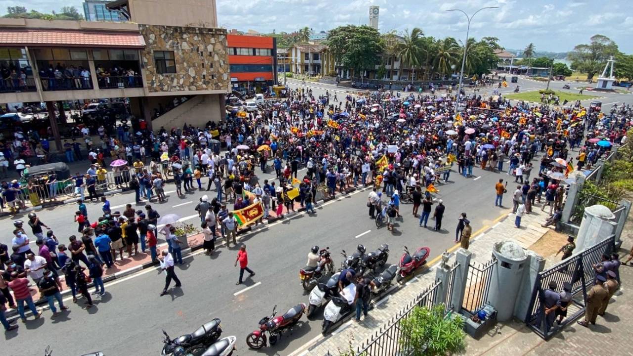 Protesters gather outside the main gates to the cricket ground, Sri Lanka vs Australia, 2nd Test, Galle, July 9, 2022