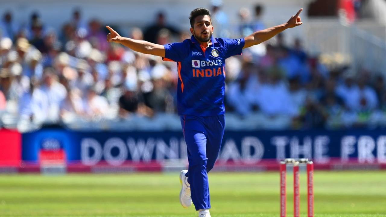 Umran Malik celebrates a wicket, England vs India, 3rd T20I, Nottingham, July 10, 2022