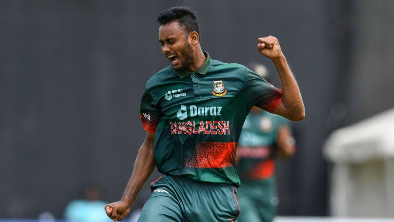 Shoriful Islam celebrates a wicket, West Indies vs Bangladesh, 1st ODI, Providence, July 10, 2022