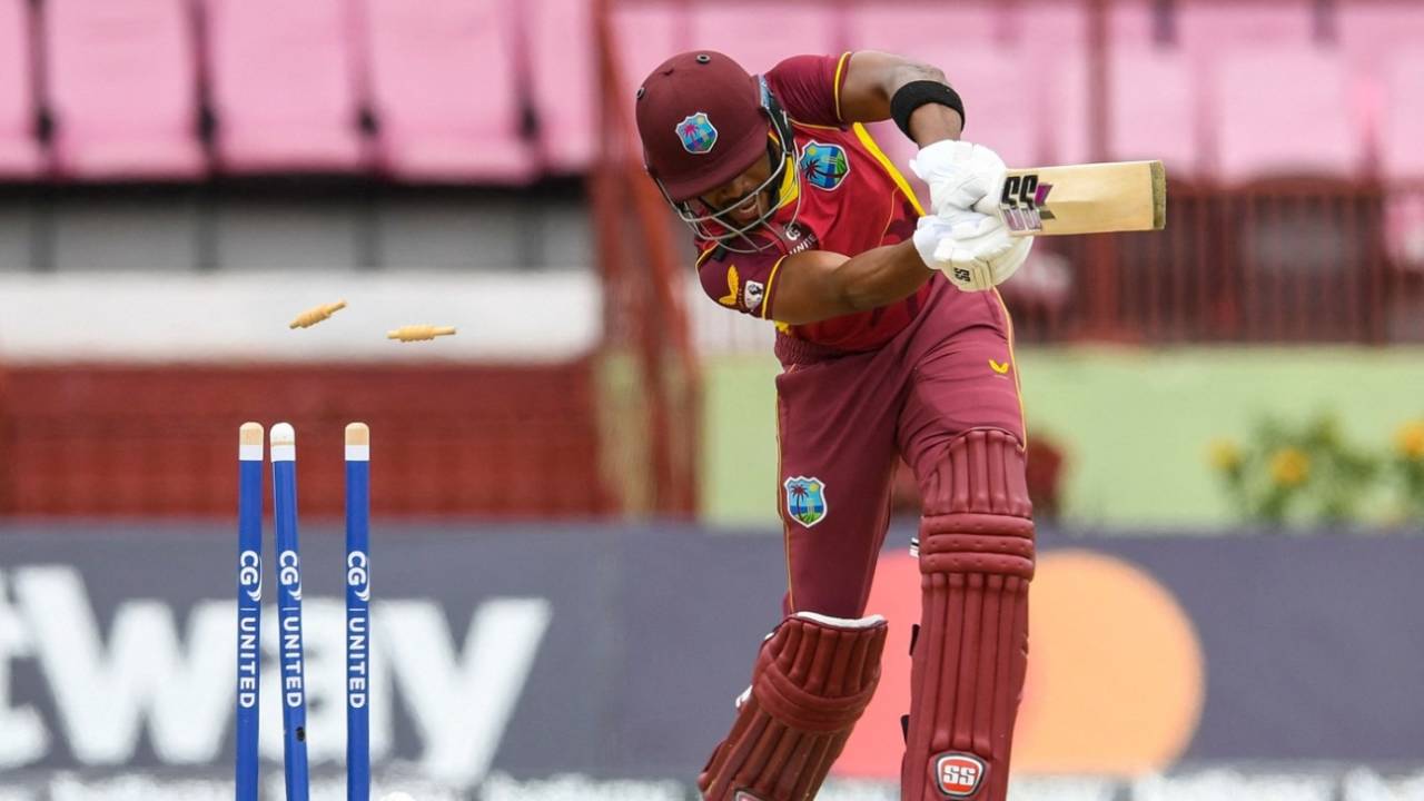 Shai Hope is bowled, West Indies vs Bangladesh, 1st ODI, Providence, July 10, 2022