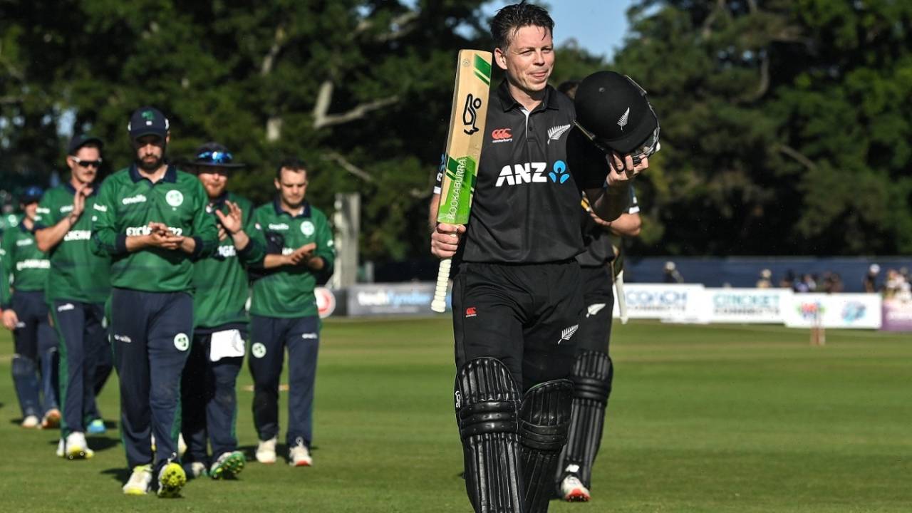Michael Bracewell walks back with an unbeaten 127 after helping New Zealand to an unlikely win&nbsp;&nbsp;&bull;&nbsp;&nbsp;Sportsfile/Getty Images