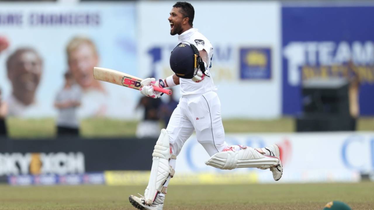 Dinesh Chandimal celebrates reaching his maiden Test double hundred, Sri Lanka vs Australia, 2nd Test, Galle, July 11, 2022