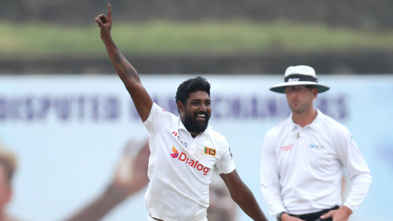 Job done! Prabath Jayasuriya picked up his 12th wicket of the match to finish the game off, Sri Lanka vs Australia, 2nd Test, Galle, 4th day, July 11, 2022