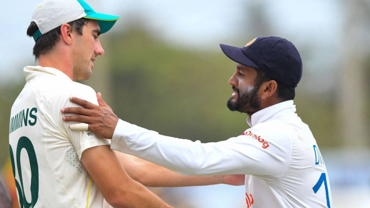 Dimuth Karunaratne and Pat Cummins shake hands, Sri Lanka vs Australia, 2nd Test, Galle, 4th day, July 11, 2022