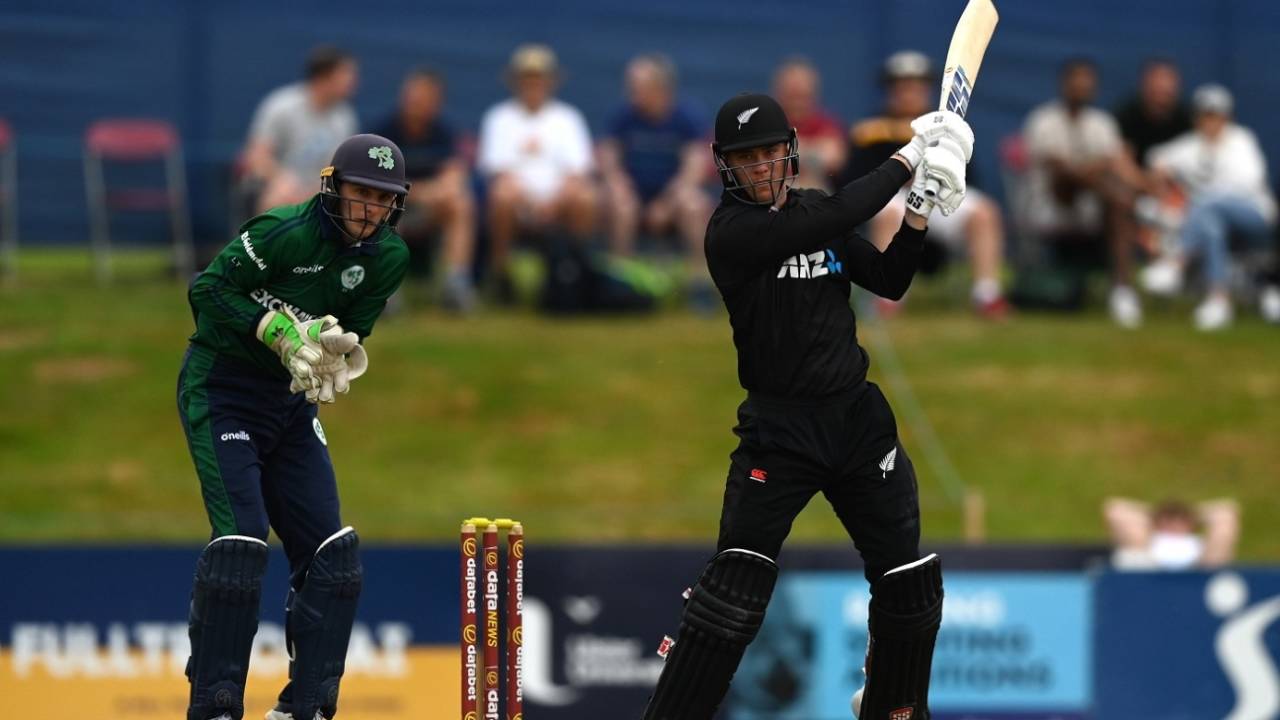 Finn Allen goes back to punch a ball through the off side, Ireland vs New Zealand, 2nd ODI, Dublin, July 12, 2022