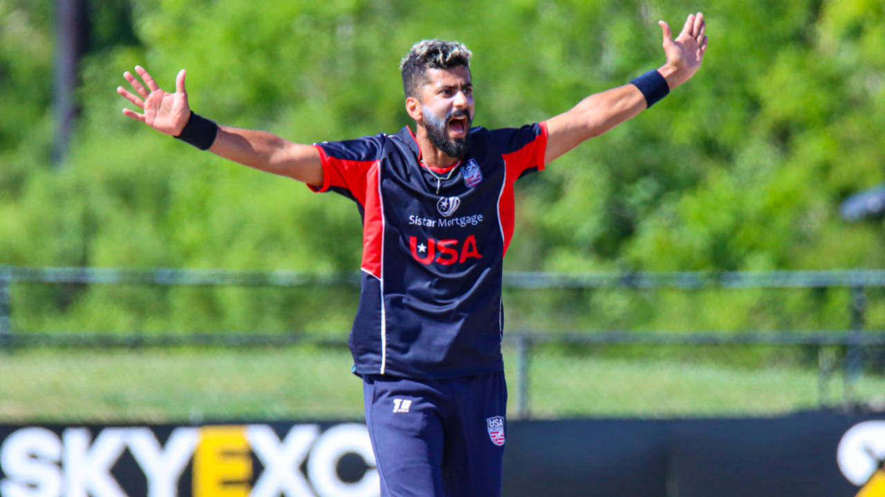Ali Khan shouts out an appeal for lbw, USA v Scotland, ICC Cricket World Cup League Two ODI tri-series, Pearland, May 28, 2022