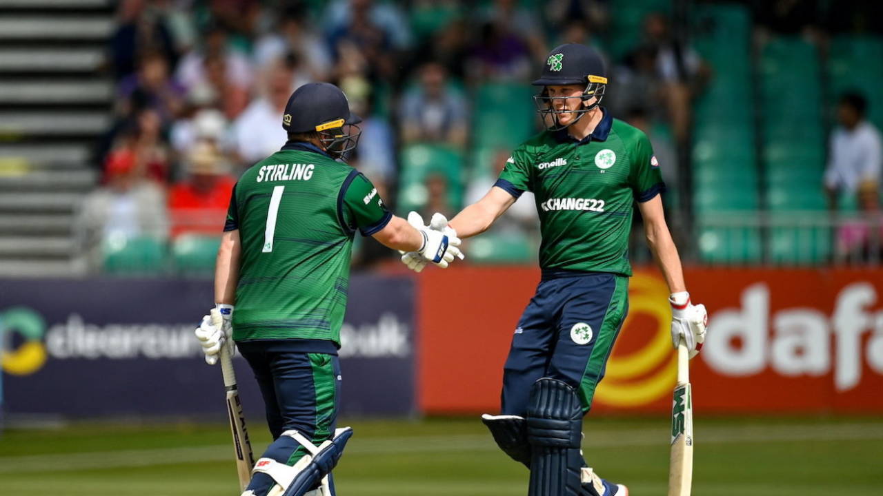 Paul Stirling and Harry Tector shake hands during their partnership, Ireland vs New Zealand, 3rd ODI, Dublin, July 15, 2022
