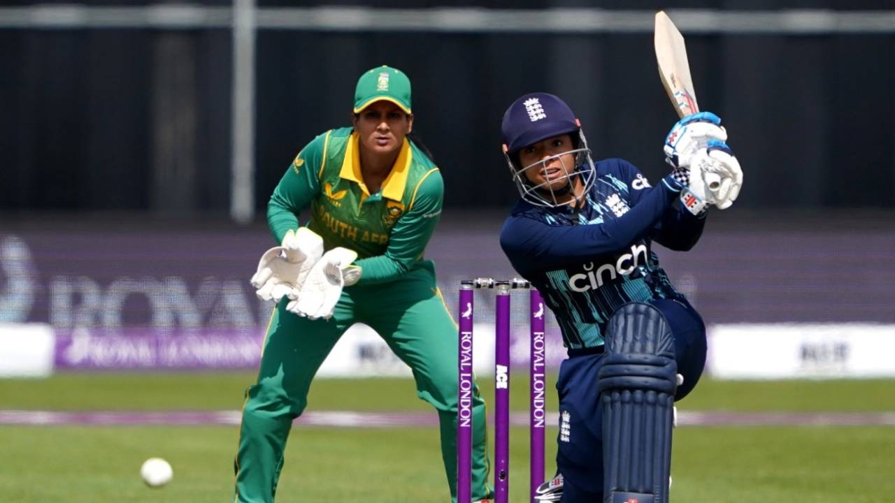 Sophia Dunkley drives during her career-best innings, England vs South Africa, 2nd women's ODI, Bristol, July 15, 2022