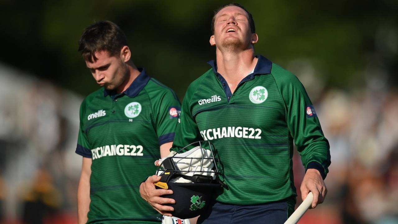 Josh Little and Graham Hume walk back after a heartbreaking one-run defeat, Ireland vs New Zealand, 3rd ODI, Dublin, July 15, 2022
