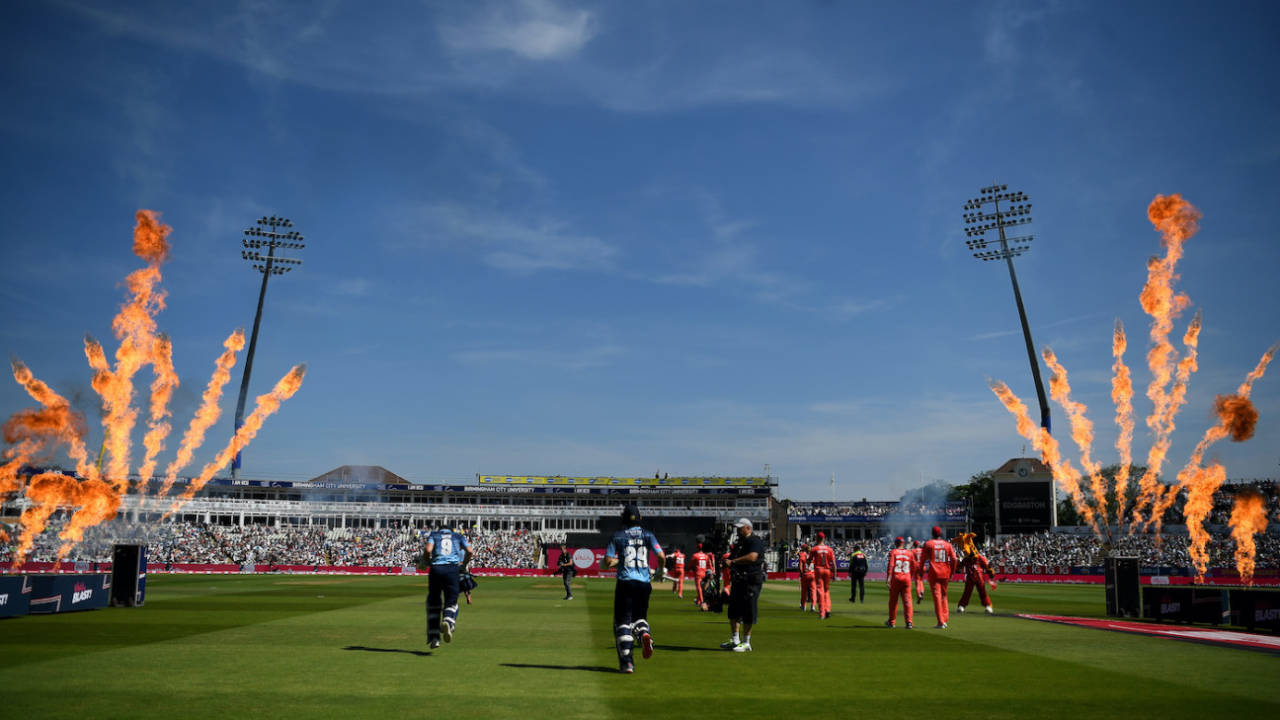Players make their way to the middle on Finals day, Vitality Blast T20, 1st semi-final, Yorkshire vs Lancashire, Edgbaston, July 16, 2022
