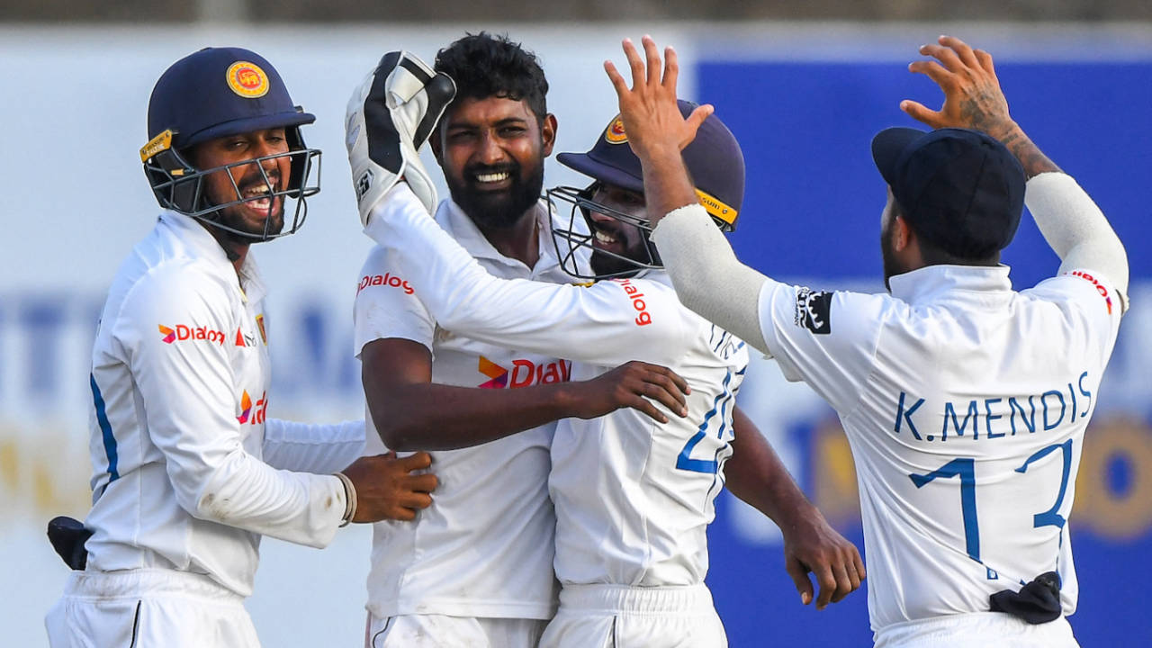 Prabath Jayasuriya picked up the last of the 12 wickets to fall on the day when he sent back Abdullah Shafique&nbsp;&nbsp;&bull;&nbsp;&nbsp;AFP/Getty Images