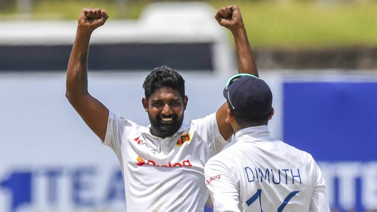 Prabath Jayasuriya celebrates his five-wicket haul, Sri Lanka vs Pakistan, 1st Test, Galle, 2nd day, July 17, 2022