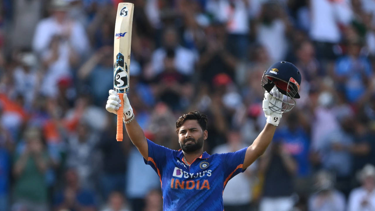 Rishabh Pant celebrates after getting to a century, England vs India, 3rd ODI, Manchester, July 17, 2022
