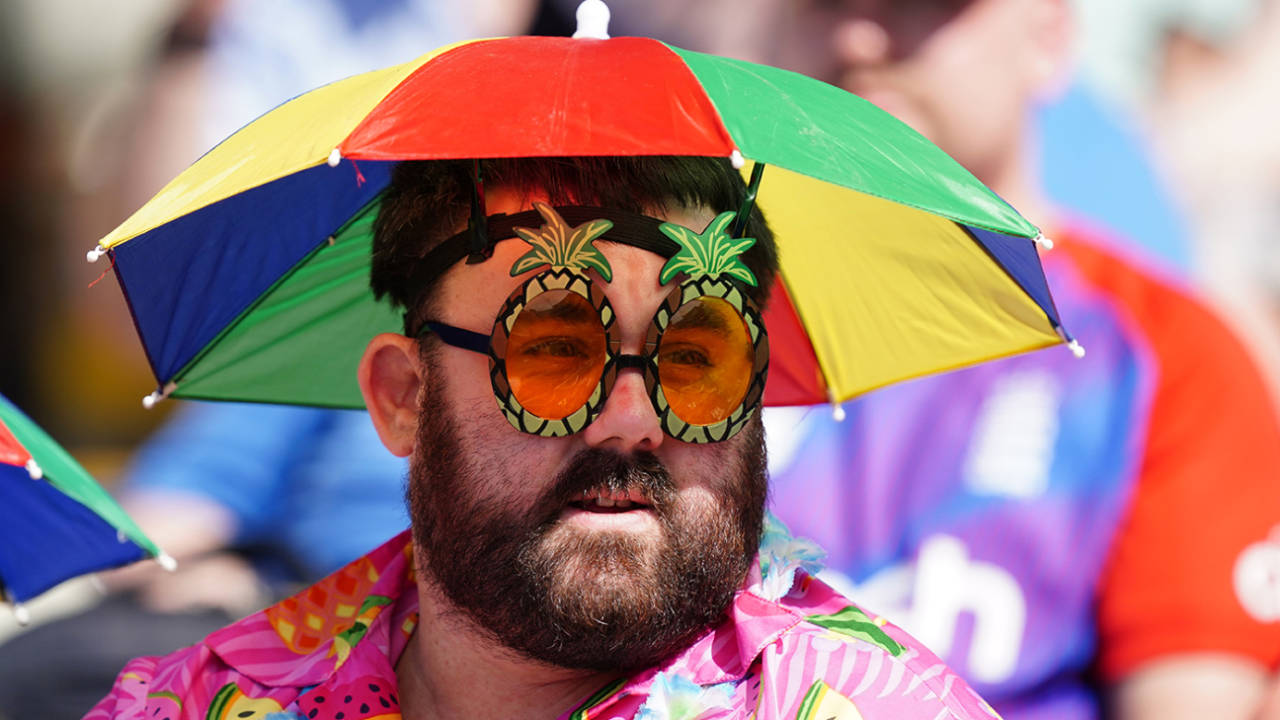 A supporter protects himself from the sun in style on T20 Finals Day, Vitality Blast T20, 2nd semi-final, Hampshire vs Somerset, Edgbaston, July 16, 2022
