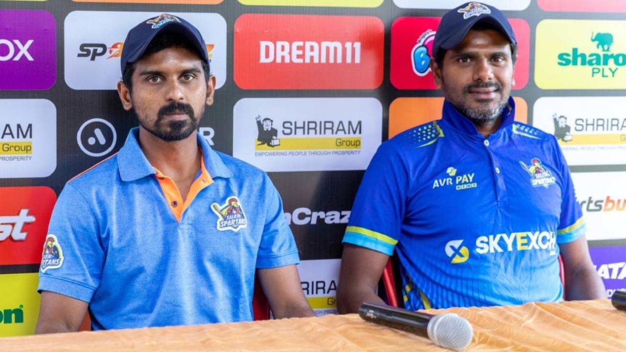 Salem Spartans captain M Ashwin and coach R Prasanna at a press conference, TNPL 2022, Salem, July 18, 2022