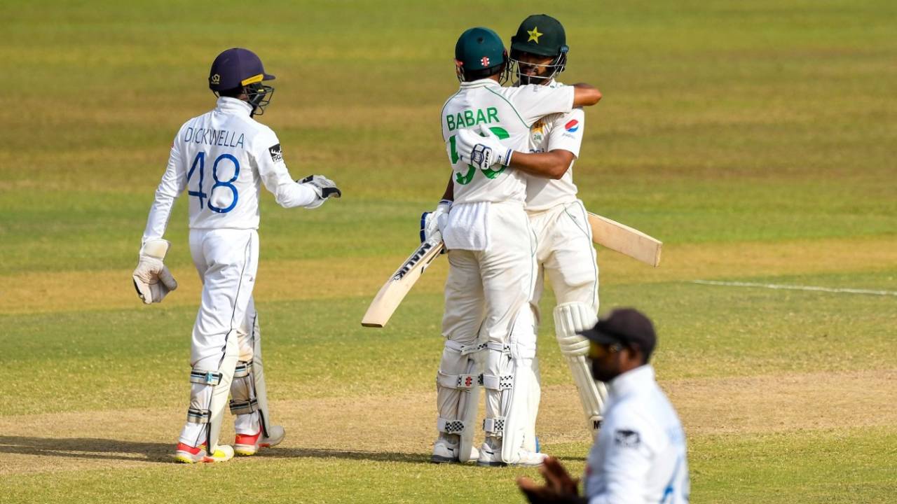 Abdullah Shafique and Babar Azam's stand was worth 101 runs, but Babar's wicket gives Sri Lanka a sniff&nbsp;&nbsp;&bull;&nbsp;&nbsp;AFP/Getty Images