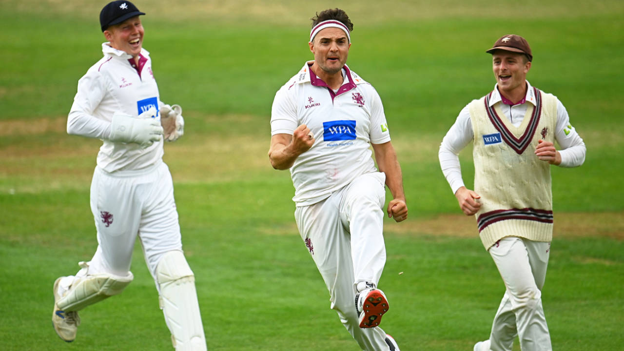 Jack Brooks celebrates the wicket of Matthew Revis, LV= Insurance County Championship, Division 1, Somerset vs Yorkshire, Taunton, July 20, 2022