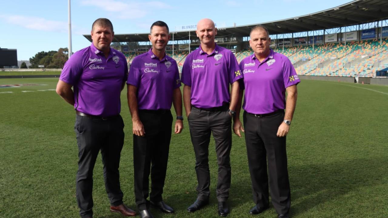 Hobart Hurricanes coaching team (left to right), James Hopes (assistant), Ricky Ponting (head of strategy), Jeff Vaughan (head coach) and Darren Berry (assistant)