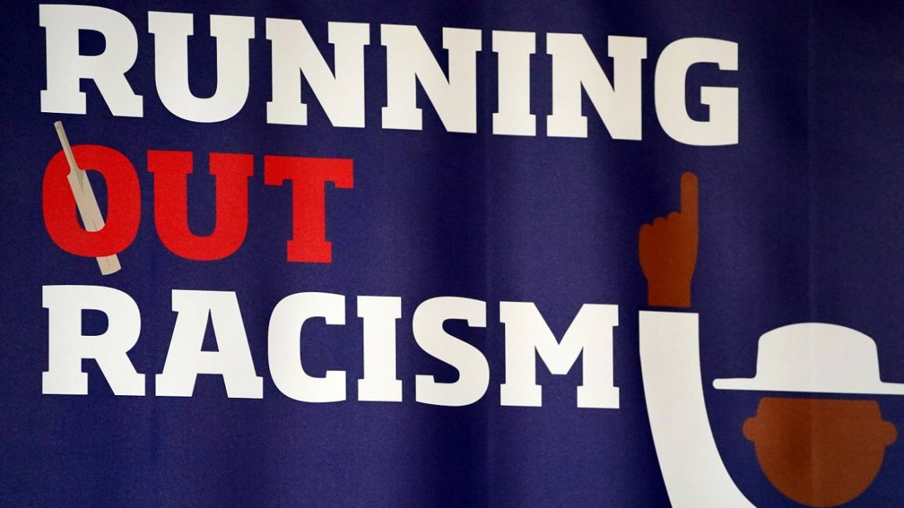 A Running Out Racism banner ahead of a Cricket Scotland press conference at Stirling Court Hotel, Stirling, July 25, 2022