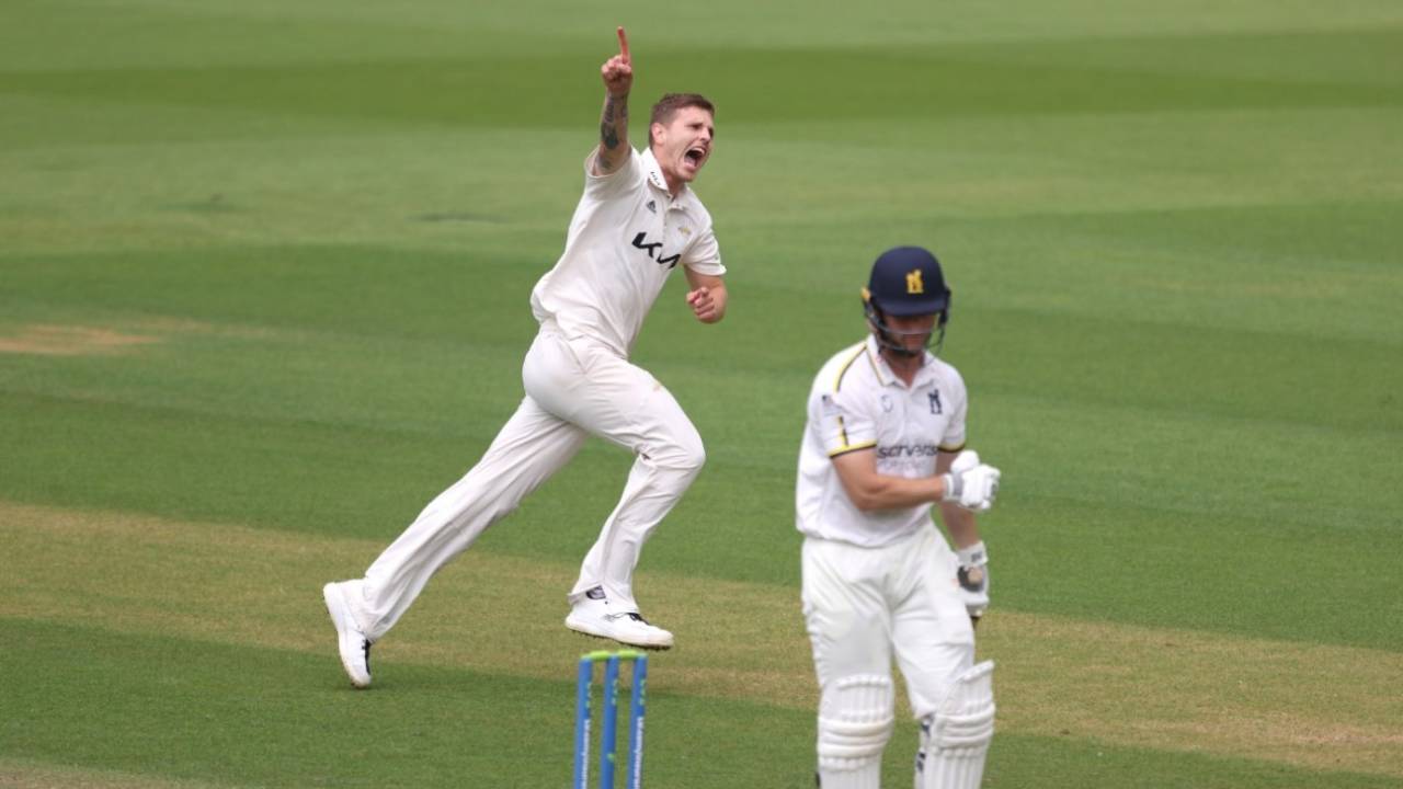 Conor McKerr claims the wicket of Chris Benjamin, Surrey vs Warwickshire, Kia Oval, July 25, 2022