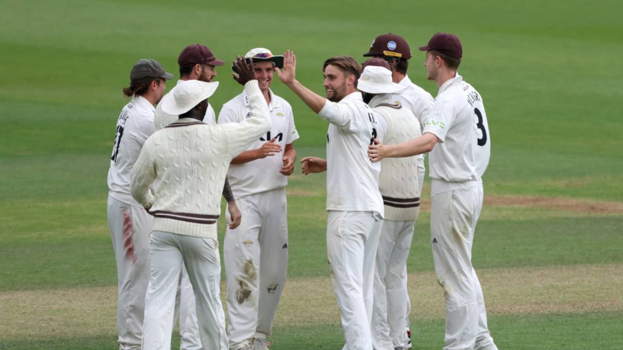 Will Jacks celebrates with team mates after taking the wicket of Alex Davies, Surrey vs Warwickshire, LV= County Championship, The Oval, July 27, 2022