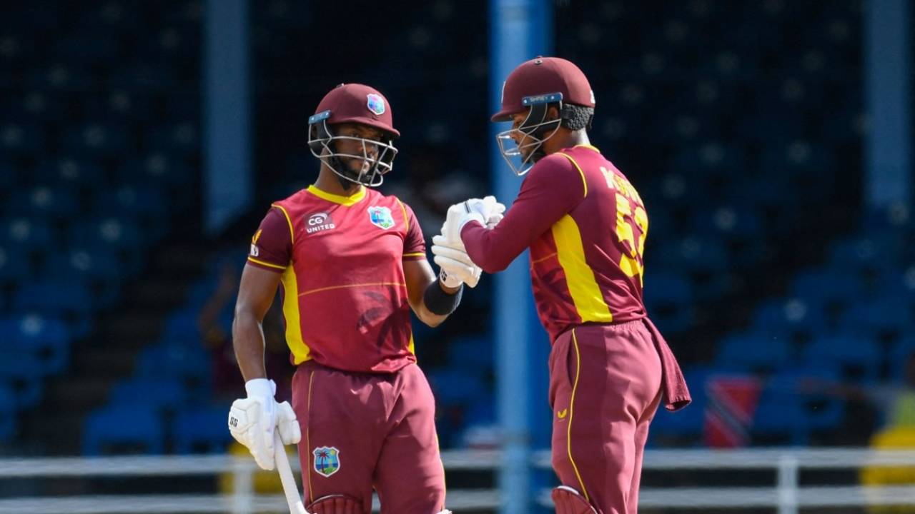 Shai Hope and Brandon King punch gloves, West Indies vs India, 3rd ODI, Port of Spain, July 27, 2022