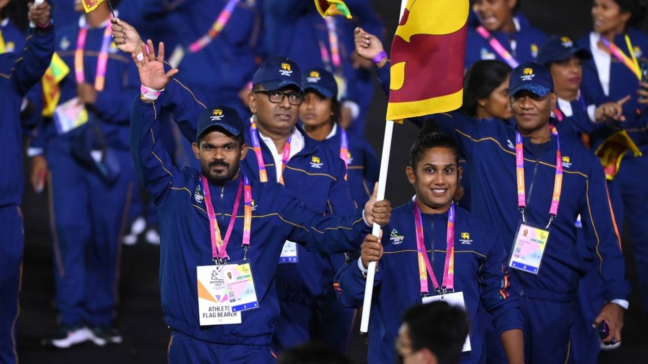 Chamari Athapaththu, one of the flagbearers of Sri Lanka, is seen during the opening ceremony 2022 Commonwealth Games, Birmingham, July 28, 2022 