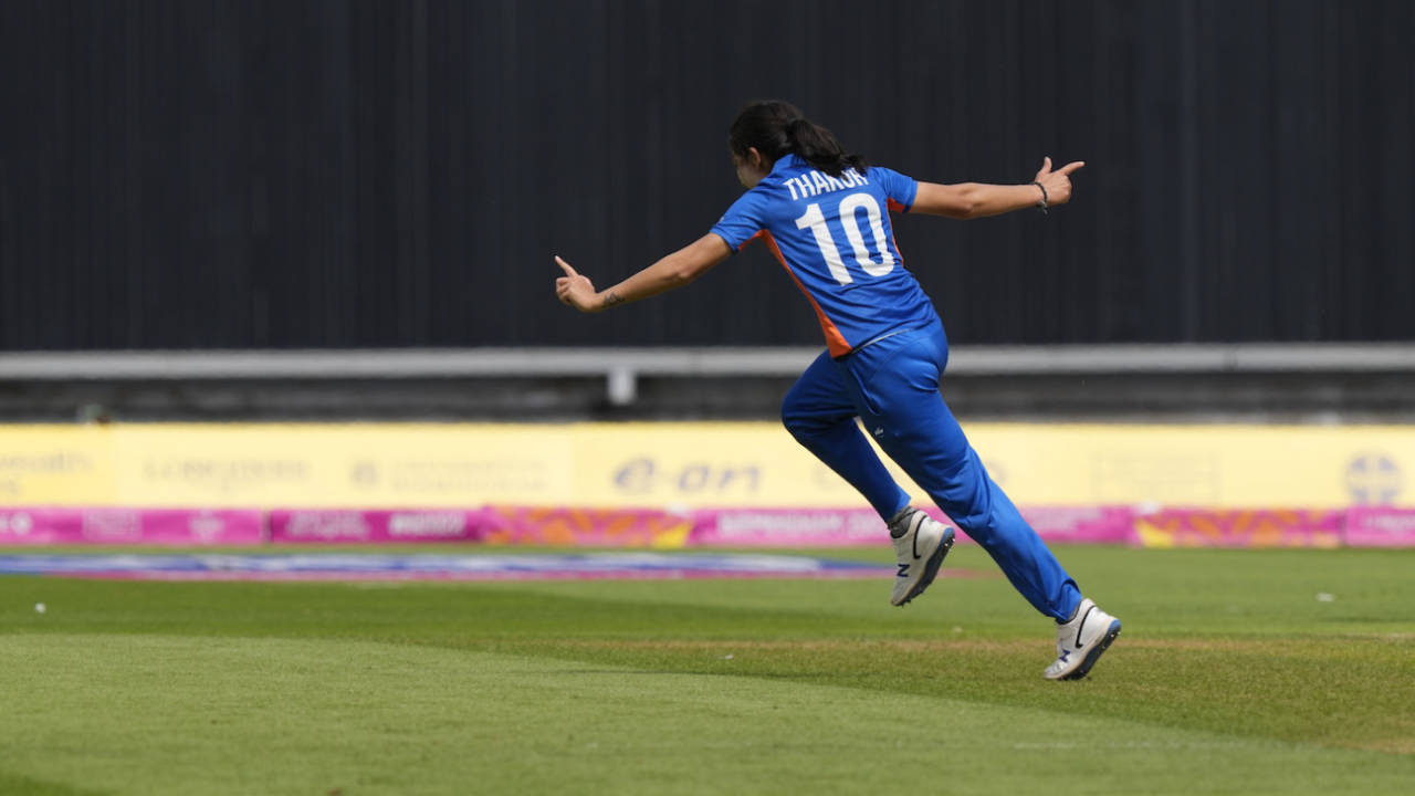 Renuka Singh takes off after taking another wicket, Australia vs India, Commonwealth Games, Birmingham, July 29, 2022