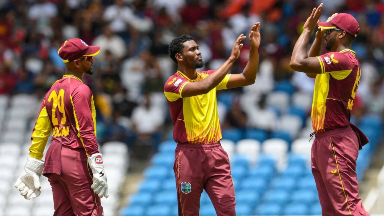 Keemo Paul celebrates with team-mates after removing Rishabh Pant, West Indies vs India, 1st T20I, Tarouba, July 29, 2022
