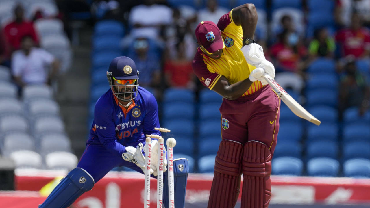 Rovman Powell gets bowled by a Ravi Bishnoi delivery, West Indies vs India, 1st T20I, Tarouba, July 29, 2022
