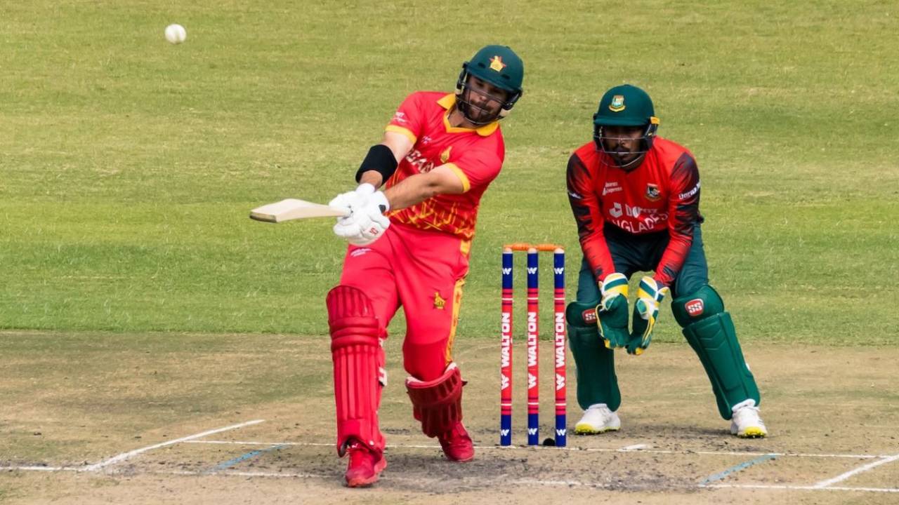 Ryan Burl propelled Zimbabwe with a half-century that included a 34-run over, Zimbabwe vs Bangladesh, 3rd T20I, Harare, August 2, 2022
