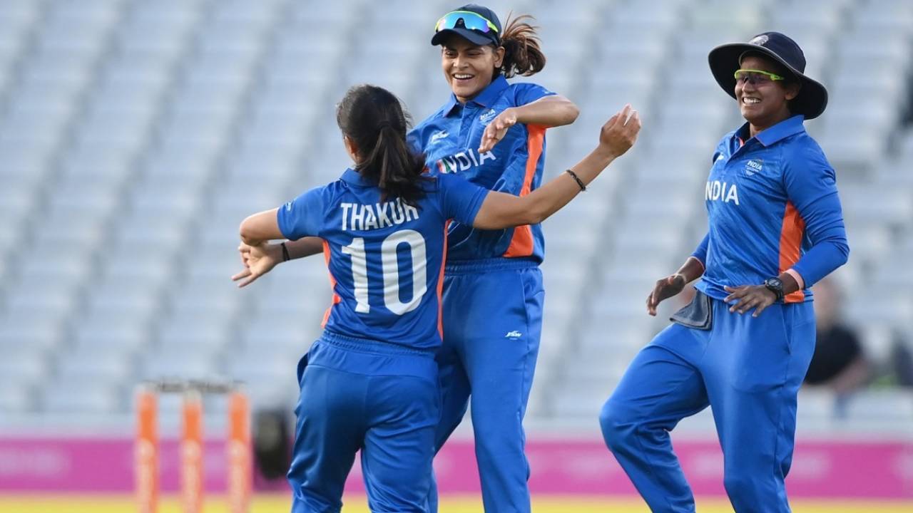 Radha Yadav and Deepti Sharma celebrate a wicket with Renuka Singh Thakur, Barbados vs India, Commonwealth Games 2022, Birmingham, August 3, 2022
