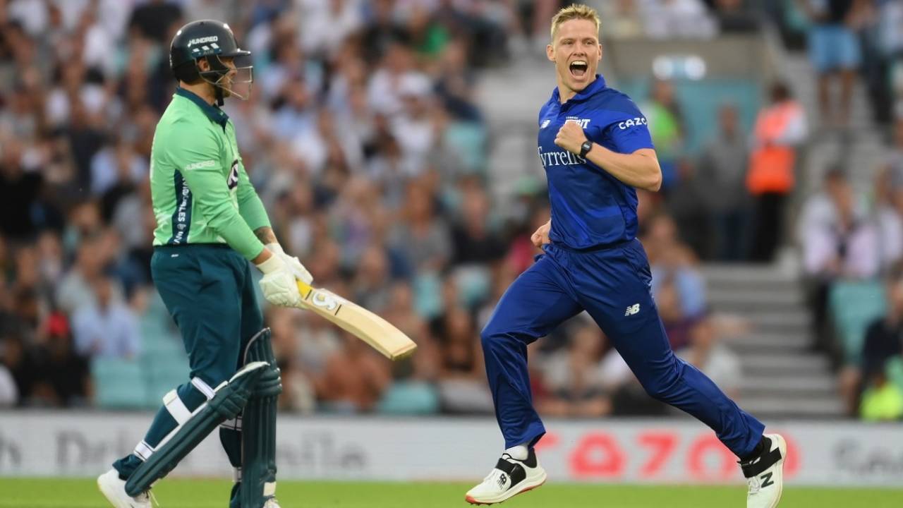 Nathan Ellis celebrates after dismissing Jason Roy for a first-ball duck, London Spirit vs Oval Invincibles, Men's Hundred, The Oval, August 4, 2022