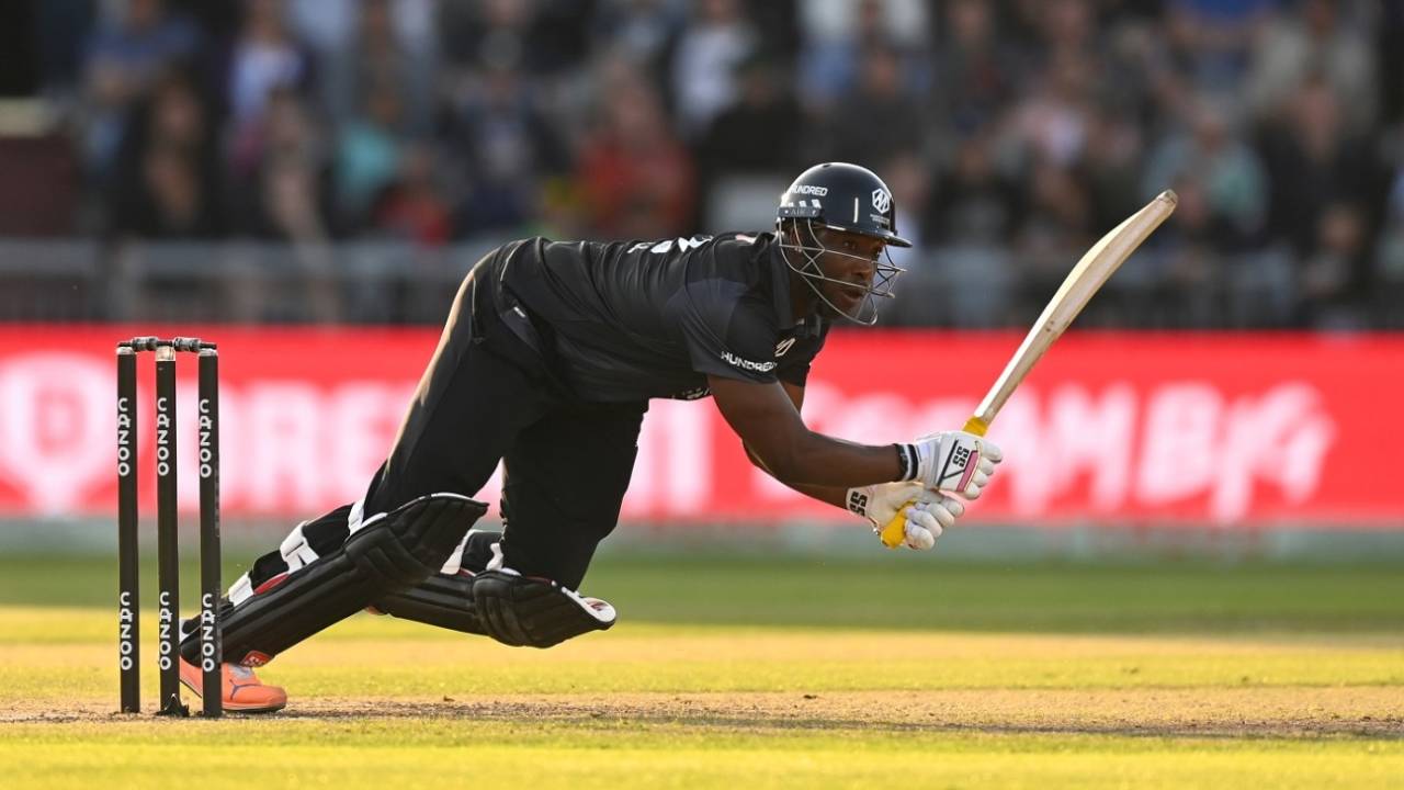Andre Russell reaches out for a delivery, Manchester Originals vs Northern Superchargers, Men's Hundred, Manchester, August 5, 2022